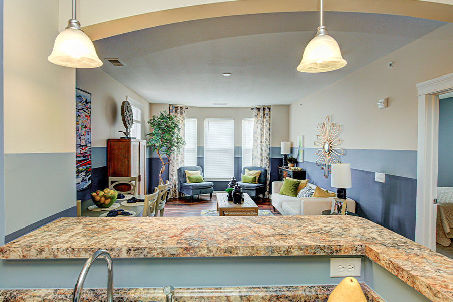 An eclectic style living room at Union Flats Apartments.